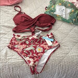 Cupshe Red Floral Womens two piece  Swim Set